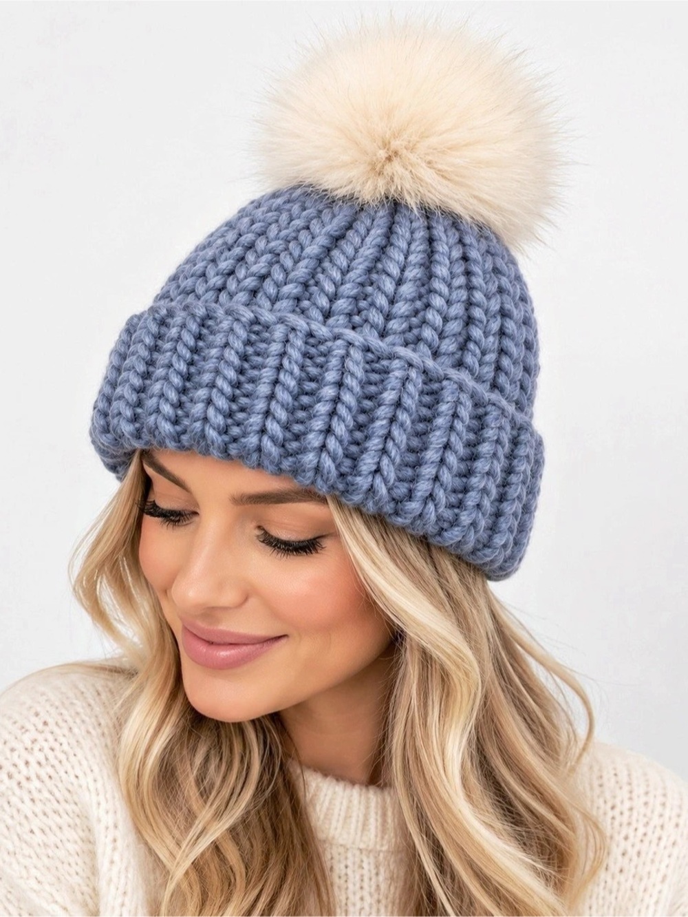 Eugenia Kim Rain Chunky Knit Wool Beanie *Genuine Arctic Fox Fur* Pom – Blue